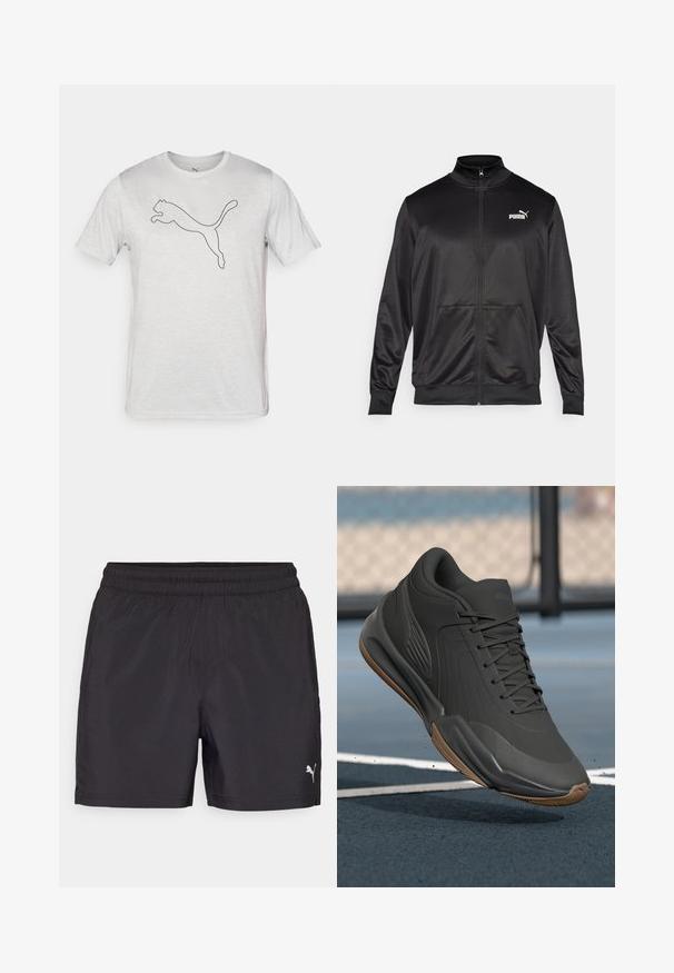 Casaco preto com fecho éclair, feito de um tecido liso e brilhante. Apresenta um colarinho alto, dois bolsos frontais e um logótipo branco da Puma no lado esquerdo do peito.; T-shirt branca de manga curta, feita de tecido suave, com um contorno preto de um logótipo de pantera a saltar na frente.; Calções desportivos pretos com um cós elástico, feitos de material leve, apresentando um pequeno logotipo branco na parte inferior.; Sapatilha atlética preta com um superior sintético liso, detalhes texturizados e sola de borracha natural, projetada para desempenho e conforto.