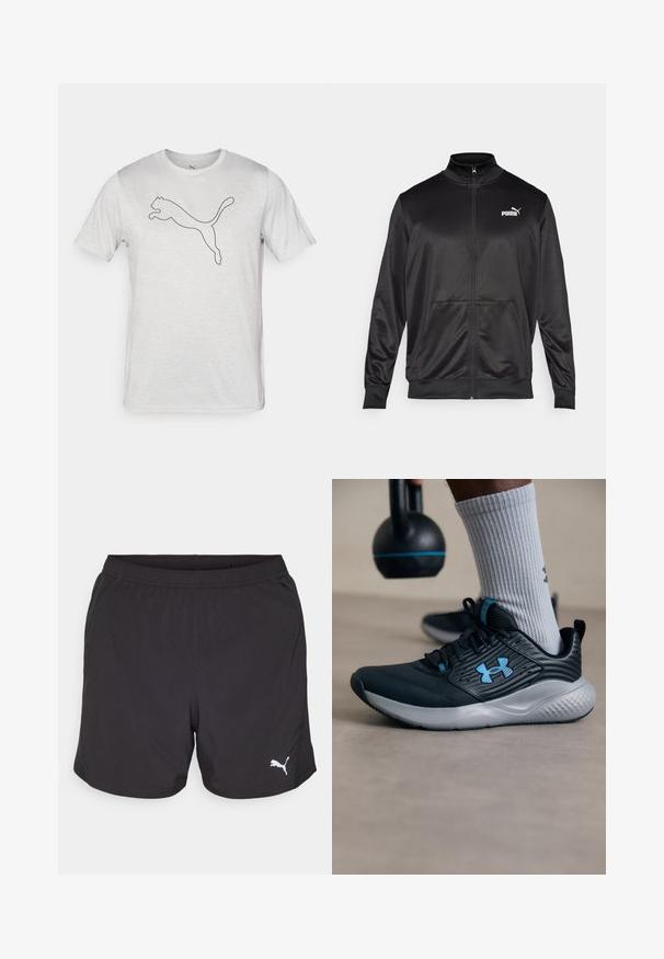 Crna jakna na zip od glatkog, sjajnog materijala. Ima visoki ovratnik, dva prednja džepa i bijeli Puma logo na lijevoj strani grudnog koša.; Bijela kratka majica s kratkim rukavima, izrađena od mekanog materijala, s crnim obrubom logotipa skakućuće pantere sprijeda.; Crne atletske šortse izrađene od lagane tkanine, s elastičnom strukom i malim bijelim Puma logotipom s lijeve strane.; Crne atletske cipele s plavim akcentima, teksturirani gornji dio i sivi đon. Nosi se s sivim rebrastim čarapama, pored crnog kettlebella.