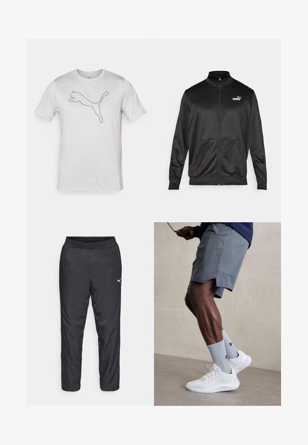 Svart zip-up jacka i slät, glänsande tyg. Har hög krage, två framfickor och en vit Puma-logotyp på vänster bröst.; Vitt t-shirt med kort ärm, tillverkat av mjukt tyg, med en svart kontur av en hoppande panterlogotyp på framsidan.; Svart sportbyxor i slätt, lätt material. Har resår i midjan och en liten vit logotyp på vänster sida.; Vita atletiska skor med texturerad meshöverdela, kombinerat med ljusblå räfflade strumpor med en logotyp. Grå atletiska shorts med perforerad kant.