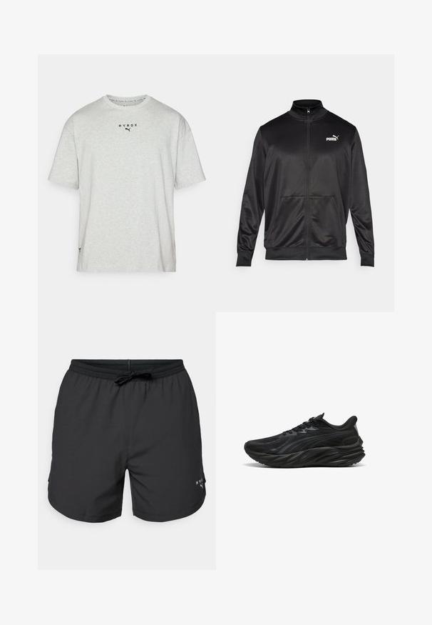 Must läikivast ja siledast kangast must kapuutsiga jakk. Omab kõrget kaelust, kahte esi-taskut ja valget Puma logo vasakul rinnal.; Hall hallitusest lühikeste varrukatega T-särk, mis on valmistatud pehmest kangast. Ees on must "HYROX" logo ja Puma logo. Lihtne ümmargune kaelus.; Mustad ujumispüksid elastse vöökoha ja nööriga. Kerged kangad küljetaskutega. Hemis on väike logo.; Must mustus kingad tekstuuriga ülemise osaga, kõverdunud tald ja tugevdatud konts. Omab paelu ja diskreetset külge kaunistavat elementi.