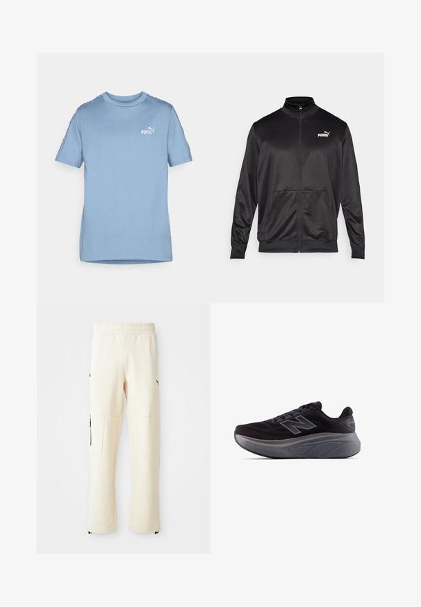 Jachetă neagră cu fermoar, made dintr-un material neted, lucios. Dispune de un guler înalt, două buzunare frontale și un logo alb Puma pe pieptul stâng.; Tricou din bumbac de culoare albastru deschis, cu mâneci scurte, decolteu rotund și logo-ul alb Puma pe piept. Include accente cu modele pe umeri.; Pantaloni de trening de un bej deschis, confecționați dintr-un material moale. Prezintă un logo negru, buzunare laterale cu fermoare și o croială lejeră.; Pantof de sport negru cu un superior texturat, călcâi întărit și talpă groasă gri. Include un logo proeminent "N".