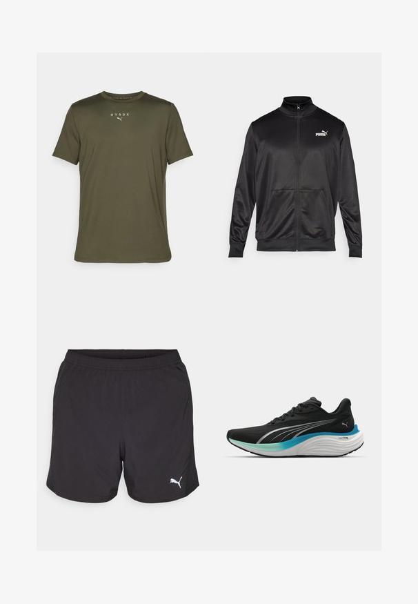 Crna jakna na zip od glatkog, sjajnog materijala. Ima visoki ovratnik, dva prednja džepa i bijeli Puma logo na lijevoj strani grudnog koša.; Maslinasto zelena atletska majica kratkih rukava od laganog materijala, s okruglim izrezom. Na prsima se nalazi logo "HYROX" i emblem Pume.; Crne atletske šortse izrađene od lagane tkanine, s elastičnom strukom i malim bijelim Puma logotipom s lijeve strane.; Crne atletske cipele s prozračnim gornjim dijelom, srebrnim detaljima i uloškom s amortizacijom koji ima dizajn gradijenta u plavo-zelenim tonovima.