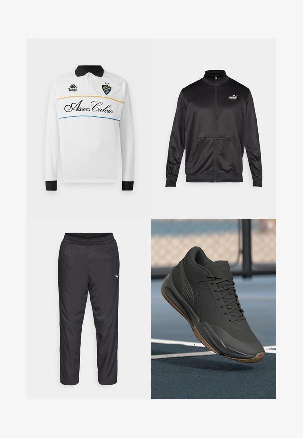 Čierna zipsová bunda vyrobená z hladkej, lesklej textílie. Má vysoký golier, dve predné vrecká a biele logo Puma na ľavej hrudi.; Biela polokošeľa s dlhým rukávom a čiernym golierom a manžetami. Obsahuje horizontálny dizajn so žltými a modrými pruhmi. Logo Kappa a nápis "Assoc.Calcio" v rukopisnom štýle.; Čierne športové nohavice vyrobené z hladkého, ľahkého materiálu. Obsahujú elastický pás a malé biele logo na ľavej strane.; Čierne športové topánky s hladkým syntetickým zvrškom, textúrovanými akcentmi a gumovou podrážkou, navrhnuté pre výkon a komfort.