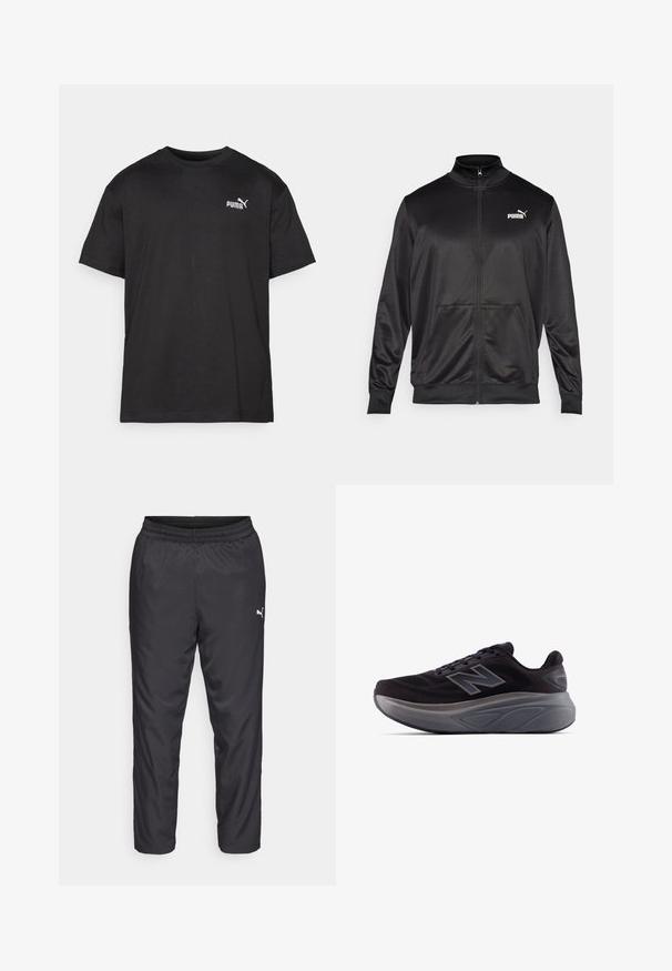 Juodas zip-up švarkas, pagamintas iš lygaus, blizgaus audinio. Turintis aukštą apykaklę, dvi priekinės kišenes ir baltą Puma logotipą kairiajame krūtinės kampe.; Juodas medvilnės marškinėliai, trumpomis rankovėmis, apvalia iškirpte, su balta Puma logotipu kairėje krūtinės pusėje, tiesių kraštų, lygia tekstūra.; Juodos sportinės kelnės, pagamintos iš lygaus, lengvo medžiagos. Savybės: elastinė juosmens juosta ir maža balta logotipas kairėje pusėje.; Juodas sportinis batelis su tekstūruotu viršumi, sustiprintu kulnu ir storu pilku padu. Yra ryškus "N" logotipas.