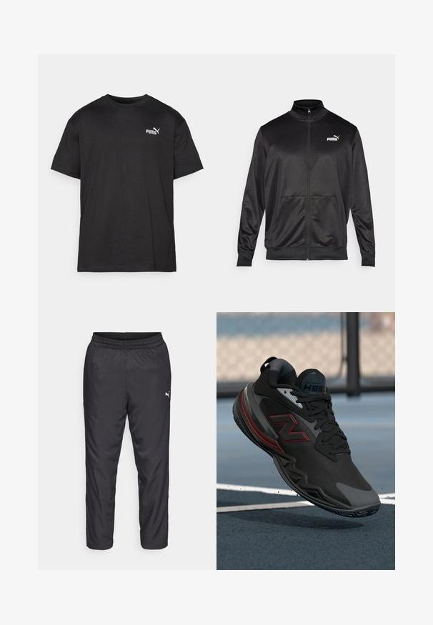 Čierna zipsová bunda vyrobená z hladkej, lesklej textílie. Má vysoký golier, dve predné vrecká a biele logo Puma na ľavej hrudi.; Čierne bavlnené tričko, krátke rukávy, okrúhly výstrih, s bielym logom Puma na ľavej hrudi, rovný lem, hladká textúra.; Čierne športové nohavice vyrobené z hladkého, ľahkého materiálu. Obsahujú elastický pás a malé biele logo na ľavej strane.; Čierna športová obuv s textúrovaným zvrškom, červenými akcentmi a gumovou podrážkou. Má nízky profil a spevnený špic.