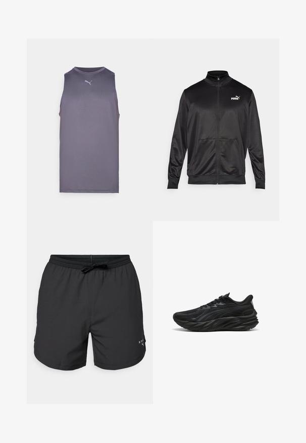 Juodas zip-up švarkas, pagamintas iš lygaus, blizgaus audinio. Turintis aukštą apykaklę, dvi priekinės kišenes ir baltą Puma logotipą kairiajame krūtinės kampe.; Beleli sportinis tank top'as tamsiai purpurinės spalvos, su apvaliu iškirpimu ir mažu baltu Puma logotipu ant krūtinės. Lygi tekstūra.; Juodos maudymosi šortai su elastinga juostele ir virvele. Lengva medžiaga su šoninėmis kišenėmis. Krajose yra mažas logotipas.; Juodas sportinis batas su tekstūruotu viršumi, išlenktu padu ir sustiprintu kulnu. Yra raišteliai ir subtilus šoninis dizaino elementas.