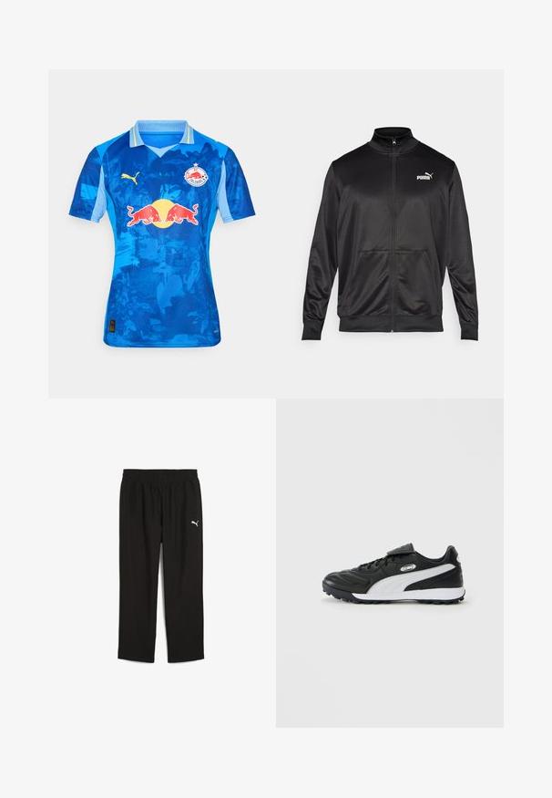Fekete, sima, fényes anyagból készült, cipzáros dzseki. Magas gallérral, két elülső zsebbel és fehér Puma logóval rendelkezik a bal mellrészen.; Kék futballmez, amely átmenetes dizájnnal rendelkezik, a Puma logó a bal mellen és a Red Bull logó a középen található. Rövid ujjú és klasszikus gallérja van.; Fekete sportnadrág, rugalmas derékkal, könnyű anyagból készült. Bal oldalon egy kis fehér Puma logó található.; Fekete, alacsony felső rétegű focicipő fehér oldalsávval, texturált talppal, fűzős elejével és tépőzáras pecekfedővel, sima háttér előtt.
