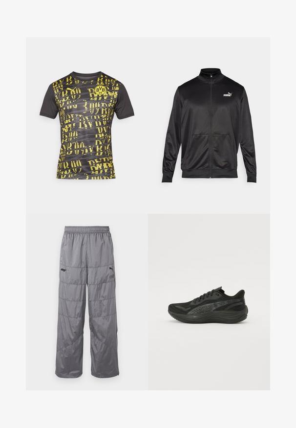 Svart zip-up jakke laget av glatt, skinnende stoff. Har høy krage, to frontlommer og en hvit Puma-logo på venstre bryst.; Svart og gul kortermet sportsjerse med abstrakt mønster og et sirkulært logo med "BVB 09" på brystet.; Grå puffbukser med elastisk midje, med quiltede designlinjer og en liten svart logo på venstre lår. Lett materiale.; Svart idrettssko med en teksturert mesh-overdel, flate lisser og en polstret såle med subtile reflekterende detaljer.