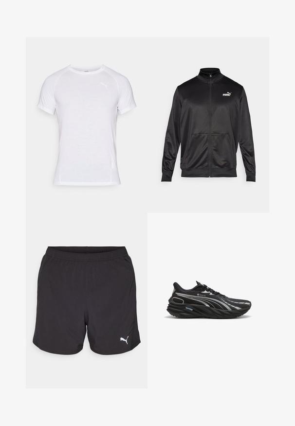 Chaqueta negra con cremallera hecha de un tejido liso y brillante. Presenta un cuello alto, dos bolsillos frontales y un logo blanco de Puma en el lado izquierdo del pecho.; Camiseta blanca de manga corta con cuello redondo y un sutil logo de Puma en la parte superior izquierda. Está hecha de una tela ligera y suave.; Pantalones cortos deportivos negros hechos de tela ligera, con una cinturilla elástica y un pequeño logo blanco de Puma en el lado izquierdo.; Zapatilla de running negra fabricada con material GORE-TEX, con una parte superior texturizada, suela curva y acentos plateados reflectantes.