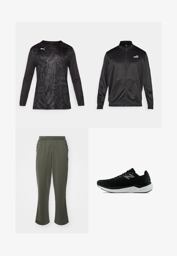 Casaco preto com fecho éclair, feito de um tecido liso e brilhante. Apresenta um colarinho alto, dois bolsos frontais e um logótipo branco da Puma no lado esquerdo do peito.; Camisa atlética de manga longa em preto com um padrão zigzag texturizado, apresentando um decote redondo e um logo em destaque em branco na frente.; Calças de moletão verde-oliva com um corte relaxado, faixa elástica na cintura, bolsos laterais e detalhes em preto contrastantes ao longo dos bolsos. Textura de tecido suave.; Sapato desportivo preto com parte superior em malha padronizada, entressola branca e sola preta. Apresenta atacadores pretos e um logótipo subtil em cinzento claro.