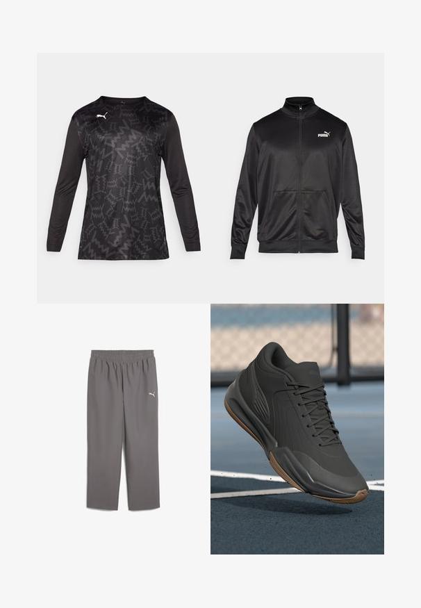 Crna jakna na zip od glatkog, sjajnog materijala. Ima visoki ovratnik, dva prednja džepa i bijeli Puma logo na lijevoj strani grudnog koša.; Sportska majica s dugim rukavima u crnoj boji s teksturiranim uzorkom u obliku cik-caka, s okruglim izrezom i bijelim logotipom sprijeda.; Sive trenirke od lagane tkanine s elastičnim pojasom. Imaju mali bijeli logo na lijevoj nozi.; Crna atletska cipela s glatkim sintetičkim gornjim dijelom, teksturiranim naglascima i gumiranim potplatom, dizajnirana za performanse i udobnost.