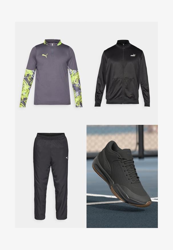 Svart zip-up jacka i slät, glänsande tyg. Har hög krage, två framfickor och en vit Puma-logotyp på vänster bröst.; Grå träningsskjorta med en kvart-zipp krage. Långa ärmar har ett livligt grönt och grått abstrakt mönster. Logotyp på bröstet.; Svart sportbyxor i slätt, lätt material. Har resår i midjan och en liten vit logotyp på vänster sida.; Svart sportskor med en slät syntetisk ovandel, strukturerade detaljer och en sula i gummigummi, designad för prestanda och komfort.