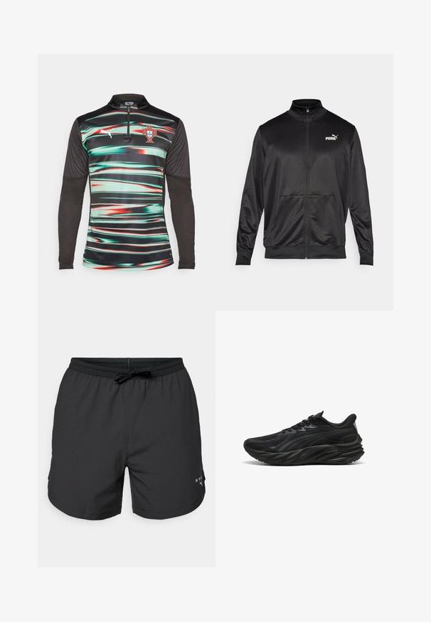 Sort zip-jakke lavet af glat, skinnende stof. Har en høj krave, to forlommer og et hvidt Puma-logo på venstre bryst.; Puma langærmet træningsskjorte med grønne og røde vandrette striber på sort, en kvart lynlås krave og Portugal-badge på brystet.; Sorte svømmebukser med elastisk talje og snor. Letvægtsstof med sidelommer. Har et lille logo på kanten.; Sort atletiksko med en struktureret overdel, buet sål og forstærket hæl. Har snørebånd og et subtilt designelement på siden.