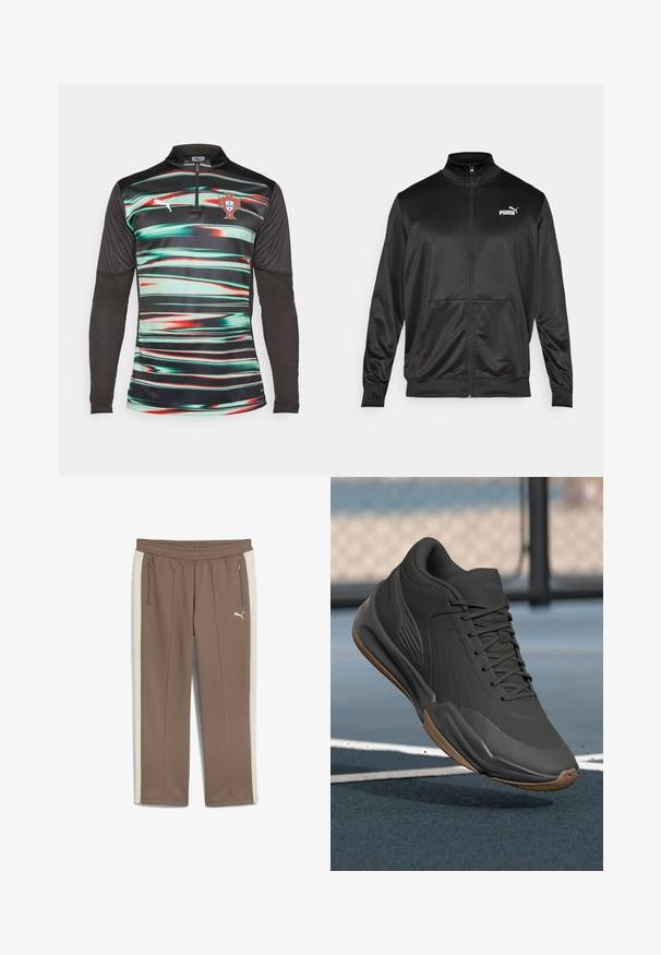 Sort zip-jakke lavet af glat, skinnende stof. Har en høj krave, to forlommer og et hvidt Puma-logo på venstre bryst.; Puma langærmet træningsskjorte med grønne og røde vandrette striber på sort, en kvart lynlås krave og Portugal-badge på brystet.; Brune atletiske bukser med siden paneler i lys creme. Fremstillet af blødt stof, har lynlåslommer og en elastisk talje.; Sort sportssko med en glat syntetisk overdel, teksturerede accenter og en gummigummisål, designet til ydeevne og komfort.