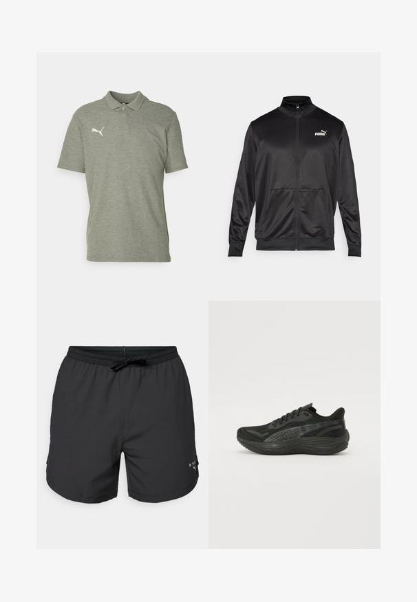 Čierna zipsová bunda vyrobená z hladkej, lesklej textílie. Má vysoký golier, dve predné vrecká a biele logo Puma na ľavej hrudi.; Šedá polo košeľa z mäkkej, textúrovanej látky s klasickým golierom a krátkymi rukávmi. Vyšívané biele logo na ľavej hrudi.; Čierne plavkové šortky s elastickým pásom a šnúrkou. Ľahký materiál so bočnými vreckami. Na spodnom leme sa nachádza malé logo.; Čierna športová topánka s textúrovaným horným dielom z mäkkej sieťoviny, plochými šnúrkami a odpruženou podrážkou s jemnými reflexnými akcentmi.