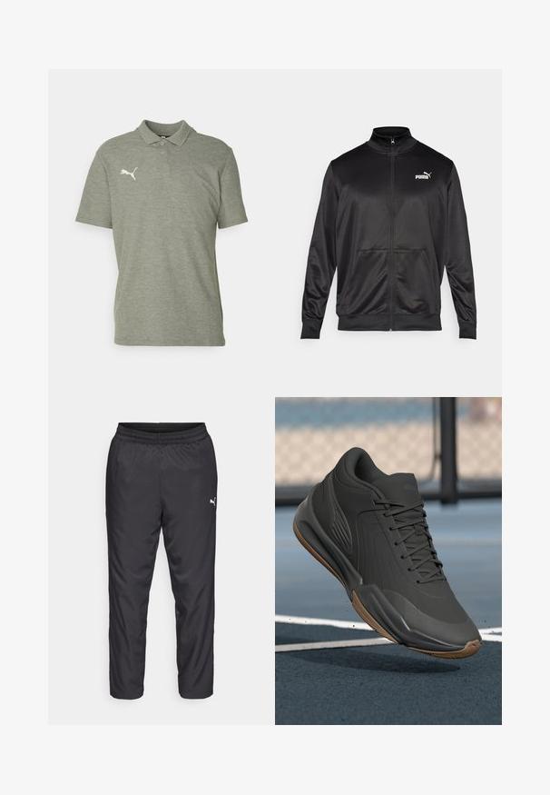 Mustat vetoketjulliset takit, jotka on valmistettu sileästä, kiiltävästä kankaasta. Ominaisuuksiin kuuluvat korkea kaulus, kaksi etutaskua ja valkoinen Puma-logo vasemmassa rinnassa.; Harmaa polo-paita pehmeästä, teksturoidusta kankaasta, jossa on perinteinen kaulus ja lyhyet hihat. Vasemmassa rinnassa brodeerattu valkoinen logo.; Mustat urheiluhousut, jotka on valmistettu sileästä, kevyestä materiaalista. Sisältää joustavan vyötärönauhan ja pienen valkoisen logon vasemmalla puolella.; Musta urheilujalkine, jossa on sileä synteettinen päällinen, tekstuuriset yksityiskohdat ja kuminen pohja, suunniteltu suorituskykyä ja mukavuutta varten.