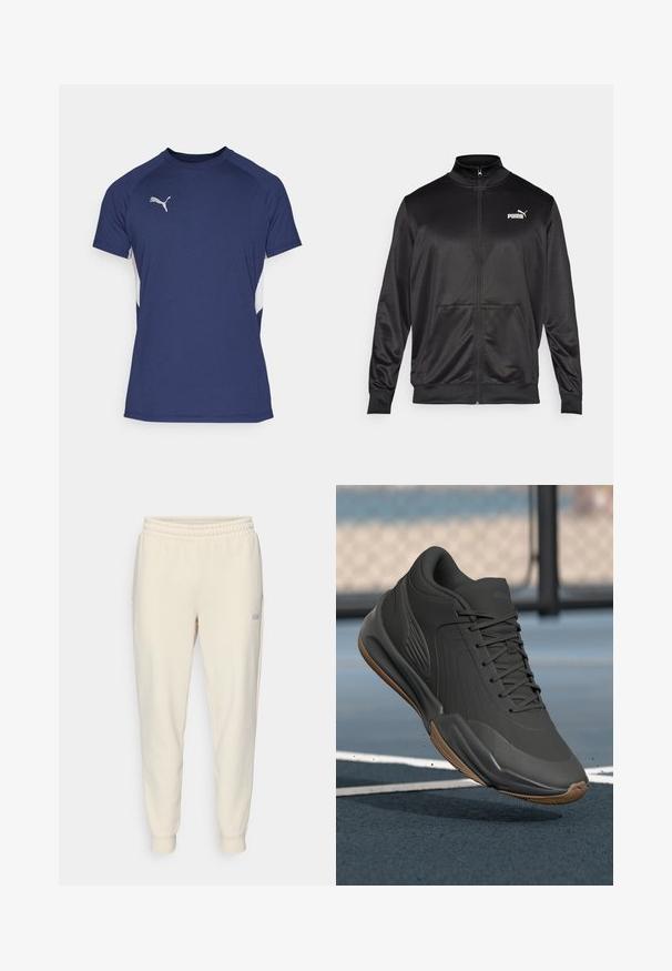 Črna jakna na zadrgo iz gladkega, sijočega materiala. Ima visok ovratnik, dva sprednja žepa in belo Puma logotip na levem prsnem delu.; Temno modra športna majica s kratkimi rokavi. Ima bele stranske panele in srebrni Puma logotip na prsih. Narejena je iz gladkega materiala.; Svetlo bež hlače na vezanje, ki vključujejo elastičen pas, zaključen rob nogavic, stranske žepke in majhen logotip na levem stegnu.; Črne atletske čevlje z gladkim sintetičnim zgornjim delom, teksturiranimi dodatki in gumijastim podplatom, zasnovani za zmogljivost in udobje.