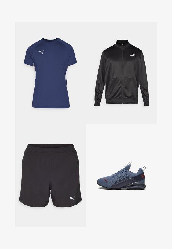 Fekete, sima, fényes anyagból készült, cipzáros dzseki. Magas gallérral, két elülső zsebbel és fehér Puma logóval rendelkezik a bal mellrészen.; Sötétkék sportpóló rövid ujjakkal. Fehér oldalsávokkal és ezüst Puma logóval a mellkason. Simaságot biztosító anyagból készült.; Fekete sportnadrág, könnyű anyagból, rugalmas derékkal, bal oldalon egy kis fehér Puma logóval.; Kék sportcipő hálós felsőrésszel, masszív gumitalppal, kiemelkedő logó részlettel és fűzős záródással a biztos illeszkedés érdekében.