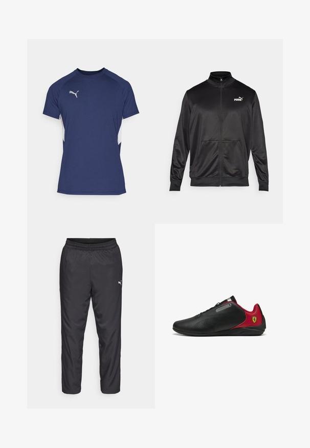 Jachetă neagră cu fermoar, made dintr-un material neted, lucios. Dispune de un guler înalt, două buzunare frontale și un logo alb Puma pe pieptul stâng.; Tricou sportiv de culoare bleumarin, cu mâneci scurte. Dispune de panouri laterale albe și un logo Puma argintiu pe piept. Fabricat dintr-un material neted.; Pantaloni de sport negri, fabricați dintr-un material neted și ușor. Au un brâu elastic și un mic logo alb pe partea stângă.; Tenisi negri cu accente roșii, design elegant, textură perforată pe partea superioară, având un accent metalic și un logo pe toc.