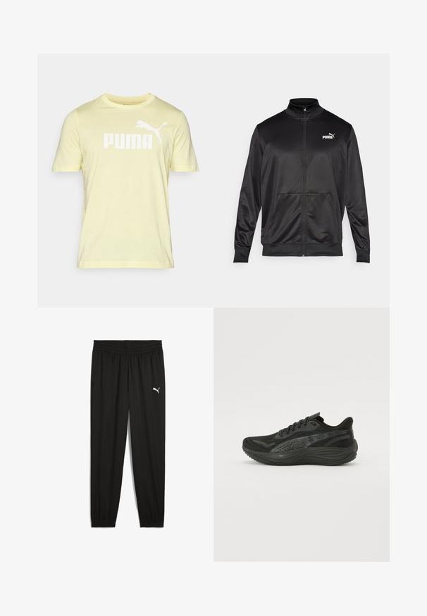 Crna jakna na zip od glatkog, sjajnog materijala. Ima visoki ovratnik, dva prednja džepa i bijeli Puma logo na lijevoj strani grudnog koša.; Žuta pamučna majica s kratkim rukavima, koja na prednjoj strani ima veliki bijeli logo "PUMA" i siluetu pumice. Mekan materijal, okrugli izrez.; Crne atletske hlače od laganog materijala, s elastičnim pojasom, suženim nogavicama i bijelim Puma logotipom na lijevom bedrima.; Crne atletske cipele s teksturiranim mrežastim gornjim dijelom, ravnim vezicama i podlogom s mekanom amortizacijom koja sadrži suptilne reflektirajuće detalje.
