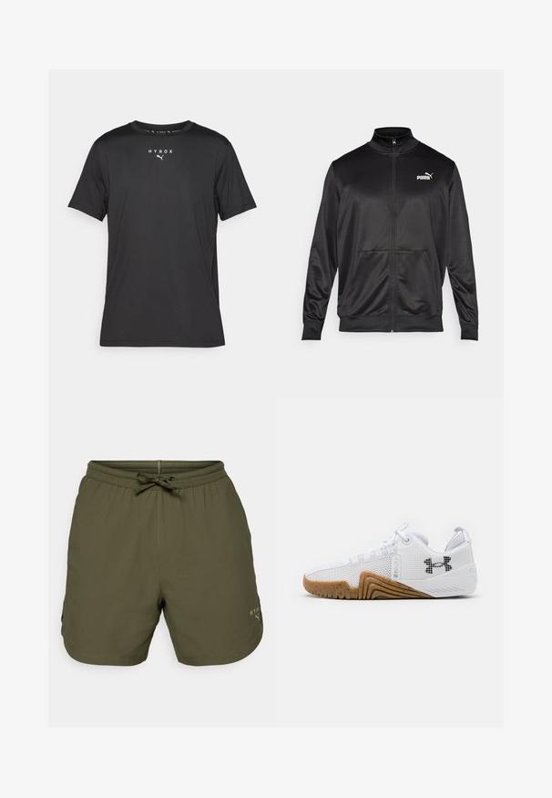 Black zip-up jacket made of smooth, shiny fabric. Features a high collar, two front pockets, and a white Puma logo on the left chest.; Black short-sleeve sports t-shirt made of lightweight fabric. Features a crew neck and printed "HYROX" logo with a Puma emblem on the front.; Olive green athletic shorts made of lightweight fabric, featuring an elastic waist with a drawstring and a small logo detail on the side.; White athletic shoes featuring a mesh upper, rubber outsole with a gum color, textured accents, and a black logo on the side.
