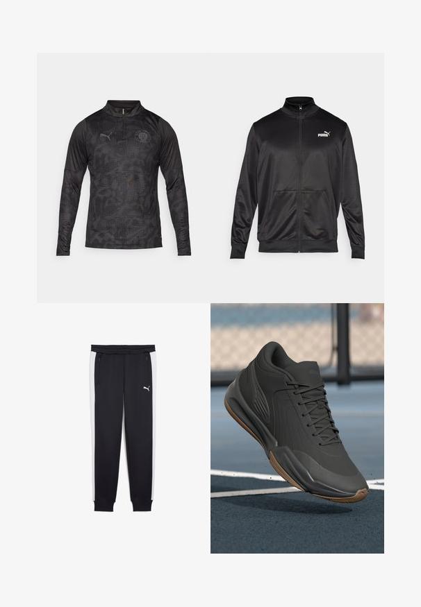 Svart zip-up jacka i slät, glänsande tyg. Har hög krage, två framfickor och en vit Puma-logotyp på vänster bröst.; Långärmad svart träningströja med zip-krage, som har ett texturerat prickmönster och broderad logotyp på bröstet och vänster ärm.; Svarta träningsbyxor med vita sidostreck, dragkedjefickor, elastisk midja och muddade anklar. Har logotyp på vänster lår.; Svart sportskor med en slät syntetisk ovandel, strukturerade detaljer och en sula i gummigummi, designad för prestanda och komfort.
