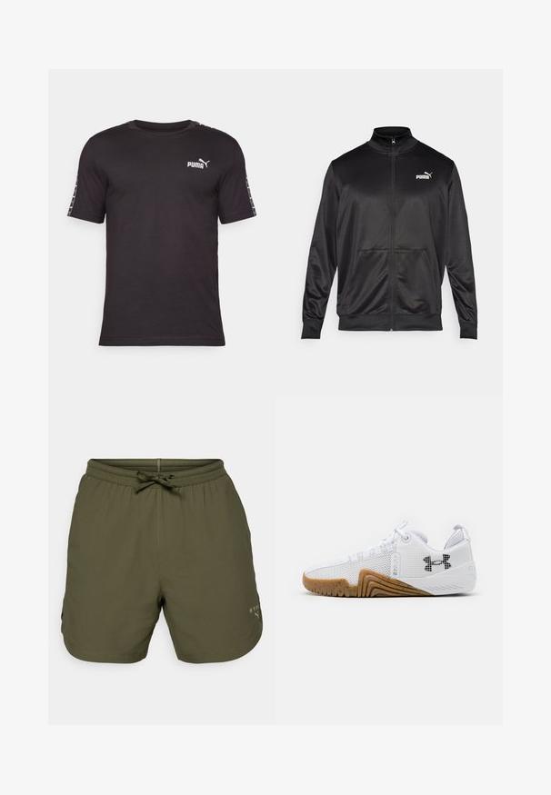 Sort zip-jakke lavet af glat, skinnende stof. Har en høj krave, to forlommer og et hvidt Puma-logo på venstre bryst.; Sort kortærmet t-shirt i bomuld. Har en rund halsudskæring, PUMA-logo på brystet og mønstrede detaljer langs ærmerne.; Olivengrønne atletiske shorts lavet af letvægtsstof, med elastisk talje og snor samt en lille logo detalje på siden.; Hvide atletik sko med mesh overdel, gummisål i gummifarve, teksturerede detaljer og en sort logo på siden.