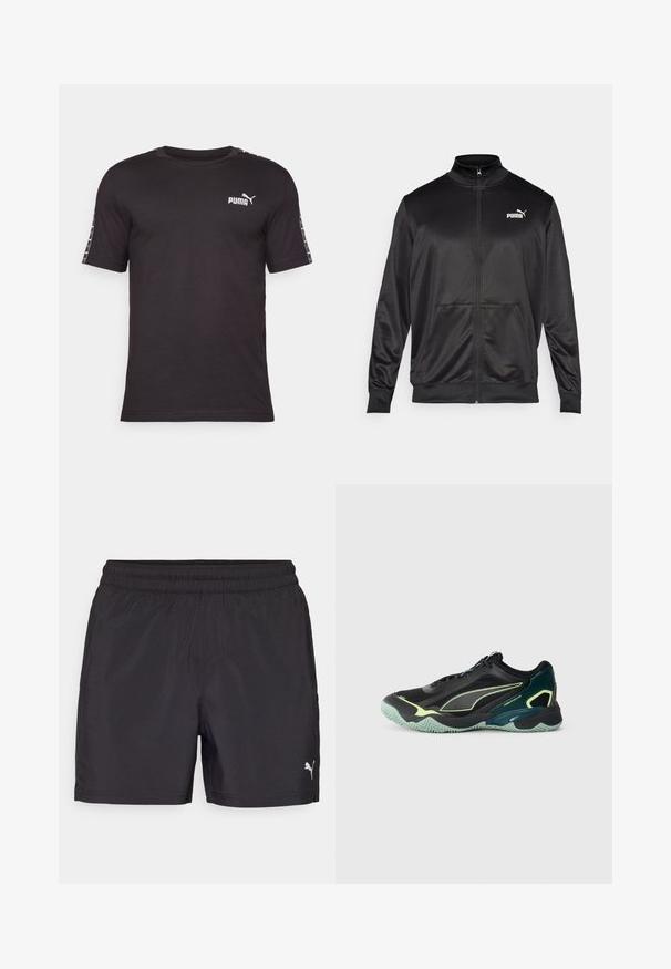 Svart zip-up jakke laget av glatt, skinnende stoff. Har høy krage, to frontlommer og en hvit Puma-logo på venstre bryst.; Svart t-skjorte med korte ermer laget av bomull. Har rund hals, PUMA-logo på brystet og mønstrede detaljer langs ermmene.; Svartidrettsshorts med elastisk midje, laget av lett materiale, med en liten hvit logo på den nedre siden.; Svarte treningssko med teksturert mesh-overdel, teal-detaljer og en fleksibel grønn såle med zigzag-mønster. Snøringer og forsterket tåboks.