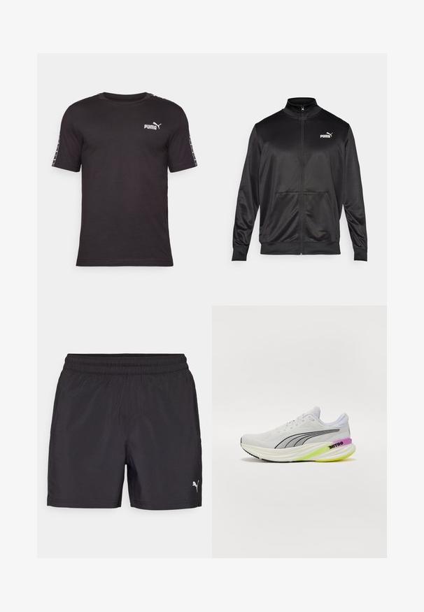 Jachetă neagră cu fermoar, made dintr-un material neted, lucios. Dispune de un guler înalt, două buzunare frontale și un logo alb Puma pe pieptul stâng.; Tricou negru cu mânecă scurtă, din bumbac. Are guler rotund, logo-ul PUMA pe piept și accente modelate pe mâneci.; Şorturi atletice negre cu un brâu elastic, realizate din material ușor, având un logo mic alb pe partea inferioară.; Pantofle atletice albe cu un upper din plasă respirabilă, accente negre și o talpă multicoloră cu detalii în violet și verde.