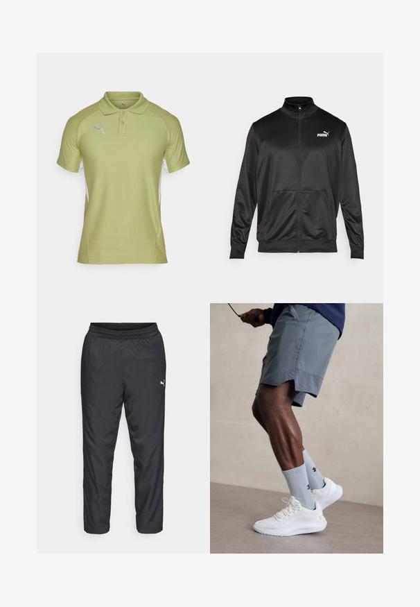 Casaco preto com fecho éclair, feito de um tecido liso e brilhante. Apresenta um colarinho alto, dois bolsos frontais e um logótipo branco da Puma no lado esquerdo do peito.; Polo verde claro com colarinho, dois botões e mangas curtas. Painéis laterais brancos e um logótipo prateado da Puma no peito.; Calças de treino negras feitas de material liso e leve. Apresenta um cós elástico e um pequeno logótipo branco no lado esquerdo.; Ténis desportivos brancos com parte superior em malha texturizada, acompanhados por meias caneleadas azul claro com um logótipo. Calções desportivos cinza com acabamento perfurado.
