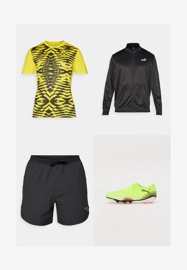Juodas zip-up švarkas, pagamintas iš lygaus, blizgaus audinio. Turintis aukštą apykaklę, dvi priekinės kišenes ir baltą Puma logotipą kairiajame krūtinės kampe.; Geltona sportinė marškinė su juodu geometriniu raštu, trumpomis rankovėmis, apvaliu kaklu ir logotipu su "BVB 09" kairėje krūtinės pusėje.; Juodos maudymosi šortai su elastinga juostele ir virvele. Lengva medžiaga su šoninėmis kišenėmis. Krajose yra mažas logotipas.; Futbolo batai ryškiai neoninėmis geltonomis spalvomis su juodais ir rožiniais akcentais. Savybės: lengvas audinys, tekstūruota paviršius ir šeši sukibimo smaigaliai.