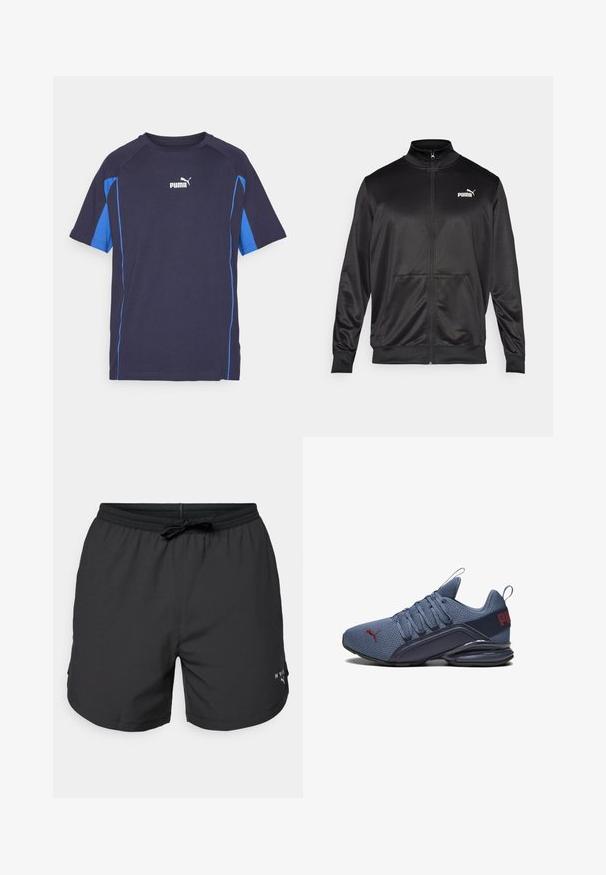 Fekete, sima, fényes anyagból készült, cipzáros dzseki. Magas gallérral, két elülső zsebbel és fehér Puma logóval rendelkezik a bal mellrészen.; Rövid ujjú t-shirt sötétkék színben, kék oldalhosszakkal. Puha anyagból készült, kerek nyakkivágással rendelkezik és a mellkason fehér Puma logó található.; Fekete úszónadrág rugalmas derékkal és zsinórral. Könnyű anyag, oldalsó zsebekkel. Kicsi logo a szegélynél.; Kék sportcipő hálós felsőrésszel, masszív gumitalppal, kiemelkedő logó részlettel és fűzős záródással a biztos illeszkedés érdekében.