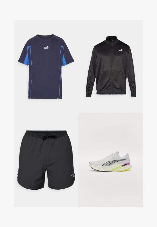 Chaqueta negra con cremallera hecha de un tejido liso y brillante. Presenta un cuello alto, dos bolsillos frontales y un logo blanco de Puma en el lado izquierdo del pecho.; Camiseta de manga corta en azul marino con acentos laterales azules. Hecha de una tela suave, cuenta con un cuello redondo y un logo de Puma blanco en el pecho.; Bañador negro con cintura elástica y cordón. Tela ligera con bolsillos laterales. Presenta un pequeño logo en el dobladillo.; Zapatilla deportiva blanca con parte superior de malla transpirable, detalles en negro y una suela multicolor con detalles en morado y verde.