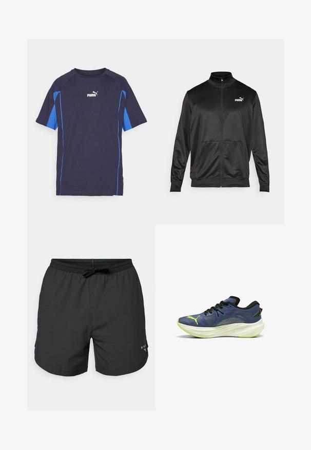 Must läikivast ja siledast kangast must kapuutsiga jakk. Omab kõrget kaelust, kahte esi-taskut ja valget Puma logo vasakul rinnal.; Lühikeste varrukatega t-särk tumesinises värvis, siniste külgaktsentidega. Valmistatud pehmest kangast, ümar kaelus ja valge Puma logo rinnal.; Mustad ujumispüksid elastse vöökoha ja nööriga. Kerged kangad küljetaskutega. Hemis on väike logo.; Sinine spordijalats, millel on tekstureeritud võrkmaterjalist ülemine osa, mustad paelad ja valge, kõver midsole. Omab rohelist aktsenti ja logosid külgedel.