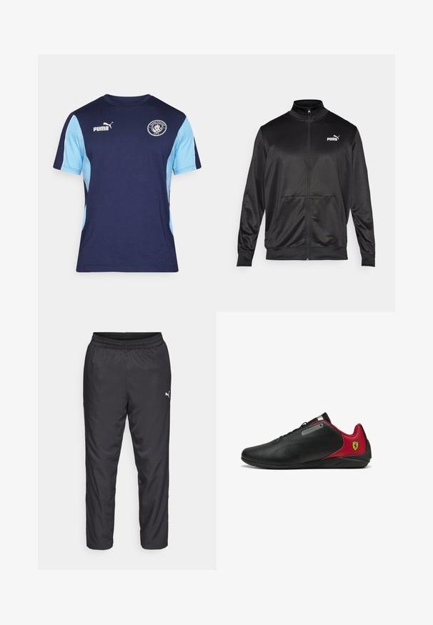 Chaqueta negra con cremallera hecha de un tejido liso y brillante. Presenta un cuello alto, dos bolsillos frontales y un logo blanco de Puma en el lado izquierdo del pecho.; Camiseta de manga corta en azul marino y azul claro, hecha de algodón, con un cuello redondo, logo de Puma y emblema del Manchester City en el pecho.; Pantalones deportivos negros hechos de un material liso y ligero. Presenta una cintura elástica y un pequeño logo blanco en el lado izquierdo.; Zapatillas negras con detalles rojos, diseño elegante, textura perforada en la parte superior, con un acento metálico y un logotipo en el talón.