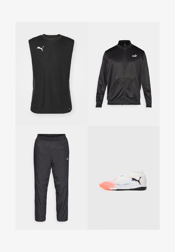 Svart zip-up jakke laget av glatt, skinnende stoff. Har høy krage, to frontlommer og en hvit Puma-logo på venstre bryst.; Svart ermela sportstopp laget av lett stoff, med rund hals, meshdetaljer og en hvit Puma-logo på fronten.; Sorte treningsbukser laget av glatt, lett materiale. Har elastisk midjebånd og en liten hvit logo på venstre side.; Hvit lav fotballsko med korallfarget tå, svart Puma-logo og teksturert såle for kunstgress på ensfarget bakgrunn.