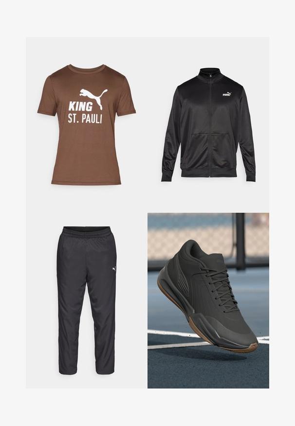 Black zip-up jacket made of smooth, shiny fabric. Features a high collar, two front pockets, and a white Puma logo on the left chest.; Brown cotton T-shirt featuring a white graphic print. Text reads "KING ST. PAULI" with a leaping panther logo above. Short sleeves, crew neck.; Black athletic pants made of smooth, lightweight material. Features an elastic waistband and a small white logo on the left side.; Black athletic shoe with a smooth synthetic upper, textured accents, and a gum rubber sole, designed for performance and comfort.