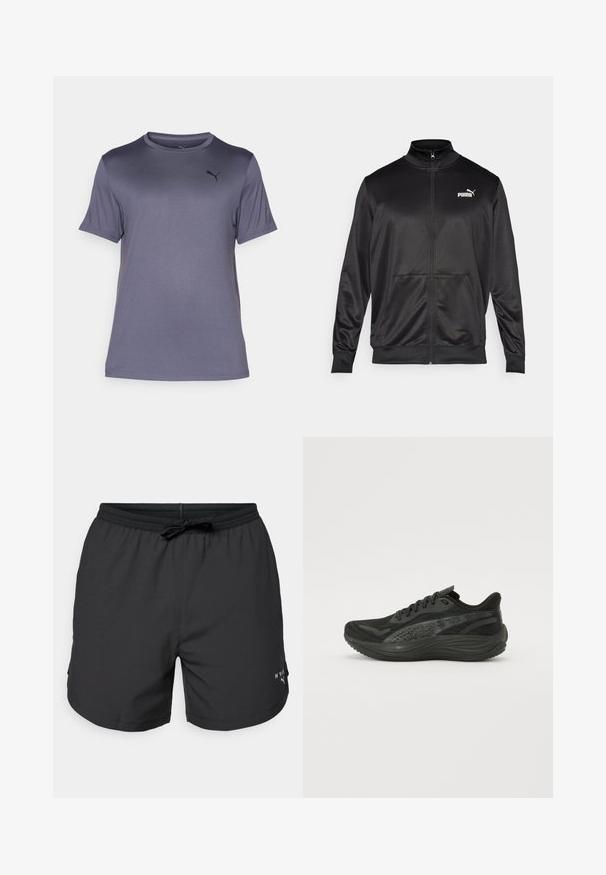Must läikivast ja siledast kangast must kapuutsiga jakk. Omab kõrget kaelust, kahte esi-taskut ja valget Puma logo vasakul rinnal.; Hallide hallane T-särk lühikeste varrukatega, mis on valmistatud siledast ja kergest kangast. Omab ümarat kaelust ja diskreetset musta logo vasakul rinnal.; Mustad ujumispüksid elastse vöökoha ja nööriga. Kerged kangad küljetaskutega. Hemis on väike logo.; Musternähtud pealistusega mustad sportlikud jalatsid, sirged paelad ja pehmendatud tald, millel on peened peegeldavad aktsendid.