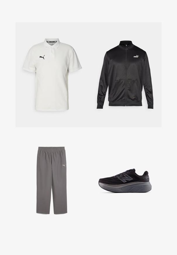 Fekete, sima, fényes anyagból készült, cipzáros dzseki. Magas gallérral, két elülső zsebbel és fehér Puma logóval rendelkezik a bal mellrészen.; Fehér pamut póló, bal mellkason fekete hímezett logóval, klasszikus gallérral és rövid ujjakkal.; Szürke sportnadrág, rugalmas derékrésszel, könnyű anyagból készült. A bal lábon egy kis fehér logó található.; Fekete sportcipő texturált felsőrésszel, megerősített sarkal és vastag szürke talppal. Kiemelkedő "N" logóval rendelkezik.