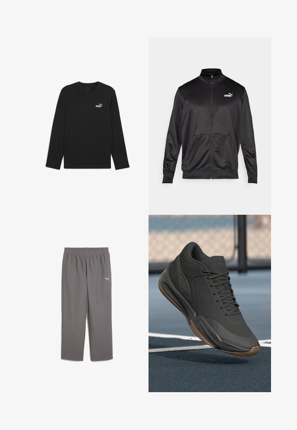 Melnā ar rāvējslēdzēju aizdaram veste, izgatavota no gludas, spīdīgas auduma. Tam ir augsta apkakle, divas priekšējās kabatas un balts Puma logotips kreisajā krūtī.; Melnas garām piedurknēm krekls, izgatavots no kokvilnas ar apaļu kakla izgriezumu. Uz kreisās krūšu zonas ir neliels balts Puma logo. Gluda tekstūra.; Pelēkas sporta bikses ar elastīgu jostu, izgatavotas no viegla auduma. Kreisajā kājā ir neliels balts logo.; Melna sporta apava ar gludu sintētisku virsu, teksturētām akcentiem un gumijas zoli, kas izstrādāta veiktspējai un komfortam.