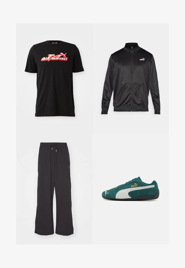 Crna jakna na zip od glatkog, sjajnog materijala. Ima visoki ovratnik, dva prednja džepa i bijeli Puma logo na lijevoj strani grudnog koša.; Crna pamučna majica s bold grafičkim dizajnom u crvenoj i bijeloj boji s natpisom "Igraj drugačije!" i logotipom. Kratki rukavi i okrugli izrez.; Crne široke trenirke s elastičnim pojasom i vezicom. Imaju bijele bočne pruge i dva bočna džepa. Glatka tekstura.; Zelene suede tenisice s bijelim i sivim detaljima, teksturirana površina, ravni gumeni potplat i zlatni logo na strani.