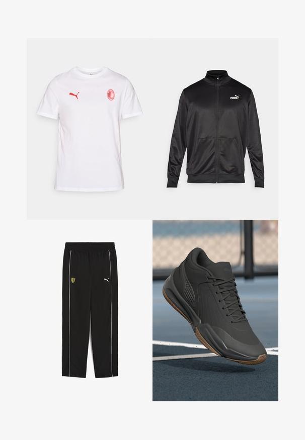 Sort zip-jakke lavet af glat, skinnende stof. Har en høj krave, to forlommer og et hvidt Puma-logo på venstre bryst.; Hvid bomulds t-shirt med et rødt Puma-logo på venstre bryst og et rødt AC Milan-emblem, med korte ærmer og rund hals.; Svarte træningsbukser med elastisk talje, prydet med et gult Ferrari-logo og hvide sidelister. Fremstillet af letvægtsstof.; Sort sportssko med en glat syntetisk overdel, teksturerede accenter og en gummigummisål, designet til ydeevne og komfort.