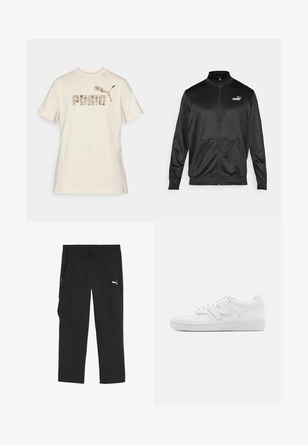Chaqueta negra con cremallera hecha de un tejido liso y brillante. Presenta un cuello alto, dos bolsillos frontales y un logo blanco de Puma en el lado izquierdo del pecho.; Camiseta de algodón crema con mangas cortas y cuello redondo. Presenta un logo de camuflaje "PUMA" y un emblema de puma saltando impresos en tonos apagados.; Pantalones cargo negros con cintura elástica y cordón. Cuenta con bolsillos laterales y un pequeño logo en la pierna izquierda. Material ligero.; Zapatilla blanca hecha de cuero suave, con puntera perforada, suela de goma texturizada, cordones planos y un prominente logo 'N' en el lateral.