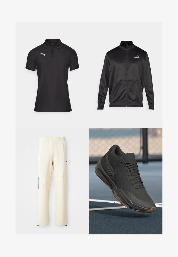 Veste noire zippée en tissu lisse et brillant. Elle possède un col haut, deux poches avant et un logo Puma blanc sur la poitrine gauche.; T-shirt polo noir à manches courtes, avec un corps noir uni et des panneaux latéraux blancs. Comprend une patte de boutonnage à trois boutons et un logo brodé.; Pantalons de survêtement beige clair en tissu doux. Présentent un logo noir, des poches latérales avec fermeture éclair et une coupe décontractée.; Chaussure de sport noire avec une tige en synthétique lisse, des accents texturés, et une semelle en caoutchouc naturel, conçue pour la performance et le confort.