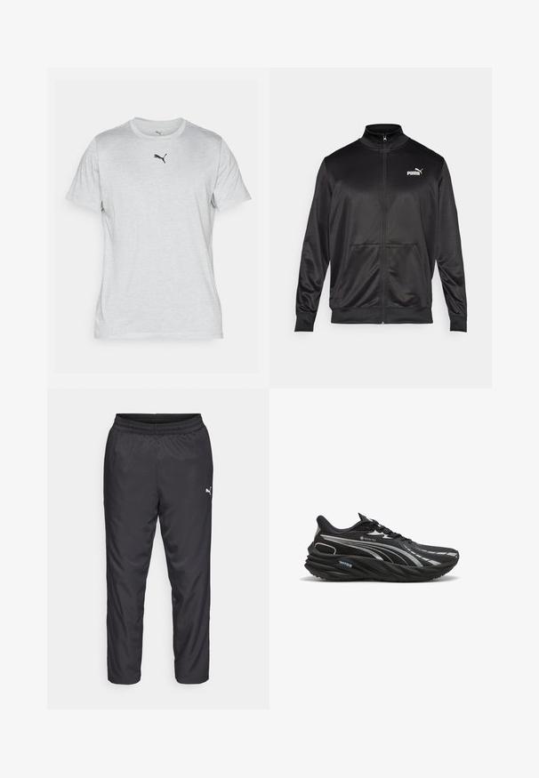 Chaqueta negra con cremallera hecha de un tejido liso y brillante. Presenta un cuello alto, dos bolsillos frontales y un logo blanco de Puma en el lado izquierdo del pecho.; Camiseta gris de manga corta hecha de tejido suave, con un cuello redondo y un pequeño logo negro de Puma en el pecho.; Pantalones deportivos negros hechos de un material liso y ligero. Presenta una cintura elástica y un pequeño logo blanco en el lado izquierdo.; Zapatilla de running negra fabricada con material GORE-TEX, con una parte superior texturizada, suela curva y acentos plateados reflectantes.
