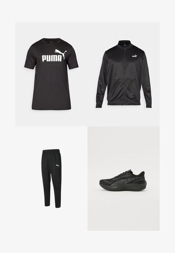 Černá bunda na zip vyrobená z hladké, lesklé látky. Má vysoký límec, dvě přední kapsy a bílé logo Puma na levé straně hrudi.; Černé bavlněné tričko s bílým logem "PUMA" a grafikou skákajícího pumy na hrudi. Krátké rukávy a kulatý výstřih.; Černé sportovní kalhoty z hladké tkaniny, s pohodlným stahovacím pasem, zúženými nohavicemi a malým bílým logem Puma na levé straně.; Černá sportovní obuv s texturovaným síťovaným svrškem, plochými tkaničkami a polstrovanou podešví s decentními reflexními prvky.