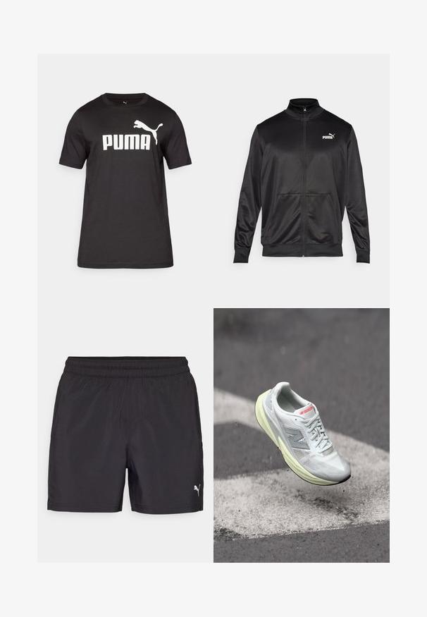 Čierna zipsová bunda vyrobená z hladkej, lesklej textílie. Má vysoký golier, dve predné vrecká a biele logo Puma na ľavej hrudi.; Čierne bavlnené tričko s bielym logom "PUMA" a grafikou skáčucej pumy na hrudníku. Krátke rukávy a okrúhly výstrih.; Čierne športové šortky s elastickým pásom, vyrobené z ľahkého materiálu, s malým bielym logom na spodnej strane.; Ľahká bežecká obuv s bielou sieťovinou na hornej časti, žltou medzipodrážkou a sivými akcentmi. Vyznačuje sa výrazným logom 'N' a textúrovaným povrchom.