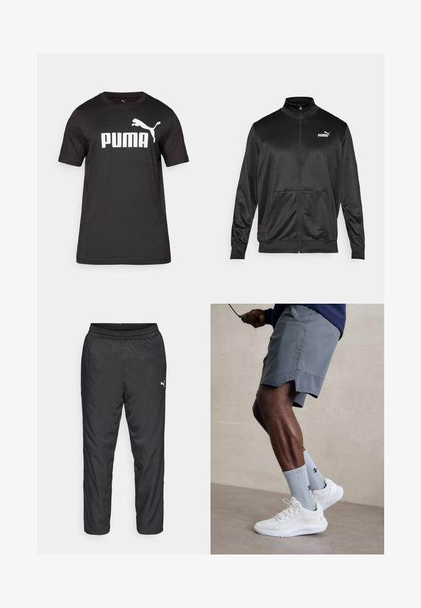 Melnā ar rāvējslēdzēju aizdaram veste, izgatavota no gludas, spīdīgas auduma. Tam ir augsta apkakle, divas priekšējās kabatas un balts Puma logotips kreisajā krūtī.; Melna kokvilnas T-kreklu ar baltu "PUMA" logotipu un lecošā puma grafiku uz krūtīm. Īsas piedurknes un apaļa kakla izgriezuma forma.; Melnas sporta bikses, kas izgatavotas no gluda, viegla materiāla. Iespējas ietver elastīgu jostu un mazu baltu logotipu kreisajā pusē.; Baltas sporta apavu pāris ar strukturētu acs virsu, apvienots ar gaiši zilo riboto zeķu pāri, kurā ir zīmols. Pelēki sporta šorti ar perforētu apdari.