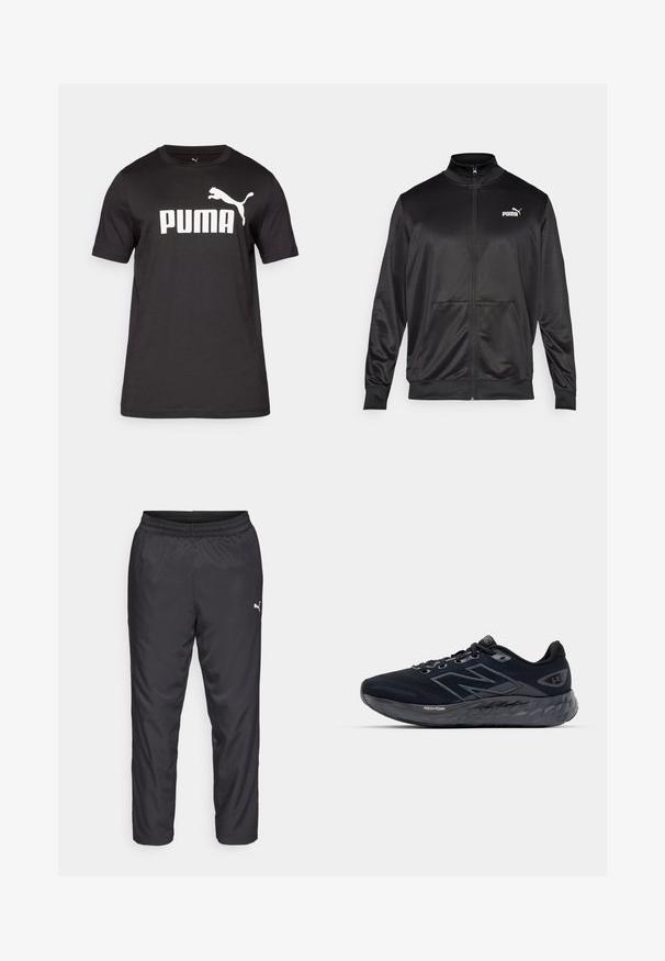Svart zip-up jacka i slät, glänsande tyg. Har hög krage, två framfickor och en vit Puma-logotyp på vänster bröst.; Svart bomullströja med en vit "PUMA"-logotyp och en hoppande pumagrafik på bröstet. Kort ärm och rund halsringning.; Svart sportbyxor i slätt, lätt material. Har resår i midjan och en liten vit logotyp på vänster sida.; Herrarnas löparskor i svart mesh med en tjock grå sula, cirkulär struktur och reflekterande detaljer. Har "New Balance"-logotypen på sidan.