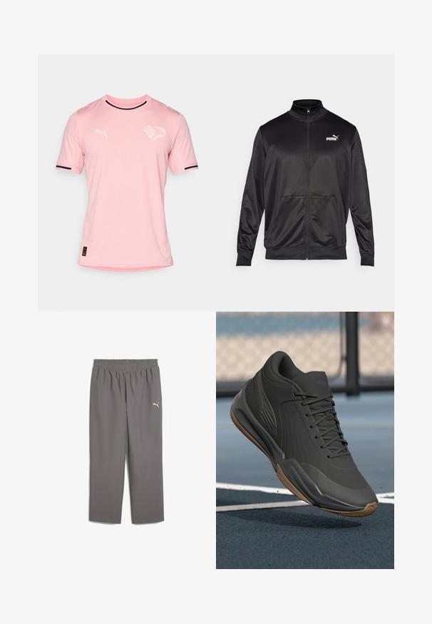 Melnā ar rāvējslēdzēju aizdaram veste, izgatavota no gludas, spīdīgas auduma. Tam ir augsta apkakle, divas priekšējās kabatas un balts Puma logotips kreisajā krūtī.; Gaiši rozā sporta krekls ar īsām piedurknēm, izgatavots no elpojoša auduma, ar melnu apmalēm pie piedurknēm un logotipa akcentiem uz krūtīm.; Pelēkas sporta bikses ar elastīgu jostu, izgatavotas no viegla auduma. Kreisajā kājā ir neliels balts logo.; Melna sporta apava ar gludu sintētisku virsu, teksturētām akcentiem un gumijas zoli, kas izstrādāta veiktspējai un komfortam.